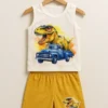 Pink White T-Shirt And Turmeric Yellow Half with a Jurassic Park Dinosour In a Car logo