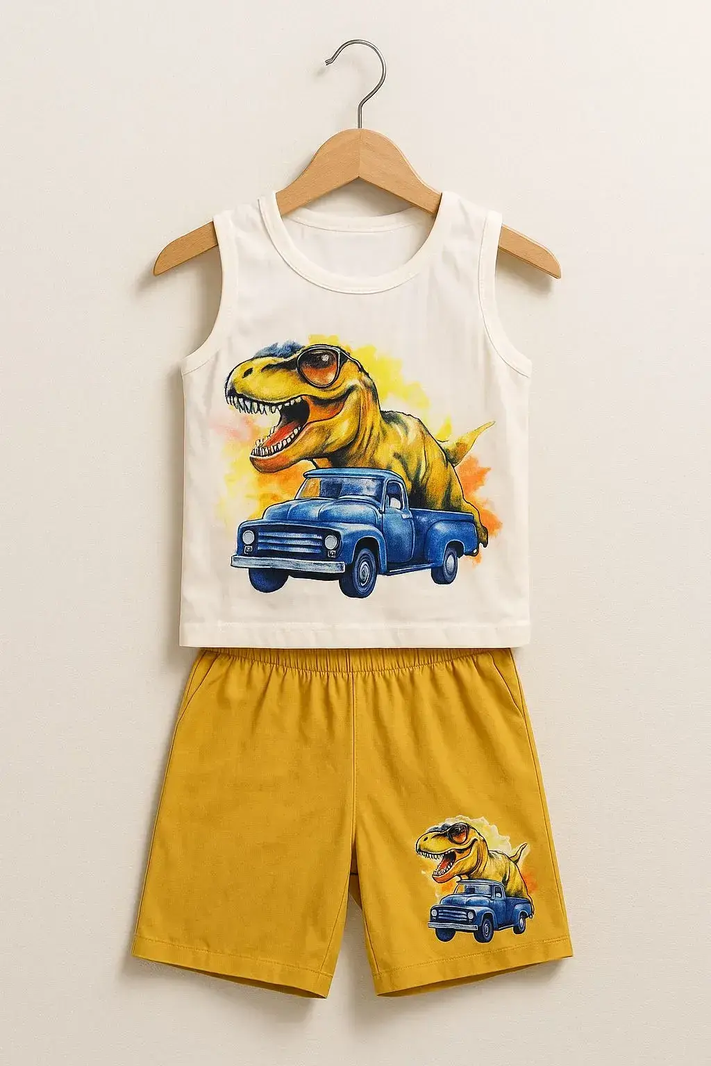 Pink White T-Shirt And Turmeric Yellow Half with a Jurassic Park Dinosour In a Car logo