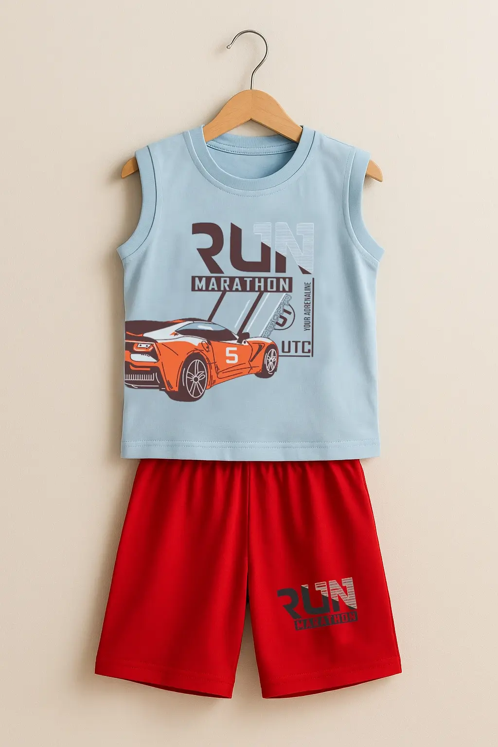 Sky Blue T-Shirt And Red Half Pant With Car Logo With the Title Run Marathon